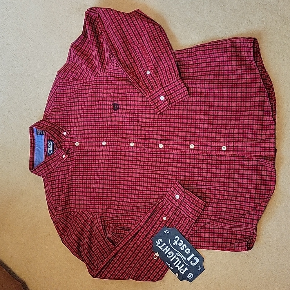 Chaps Custom Fit Dress Shirt XL Plaid Red Navy Long Sleeve